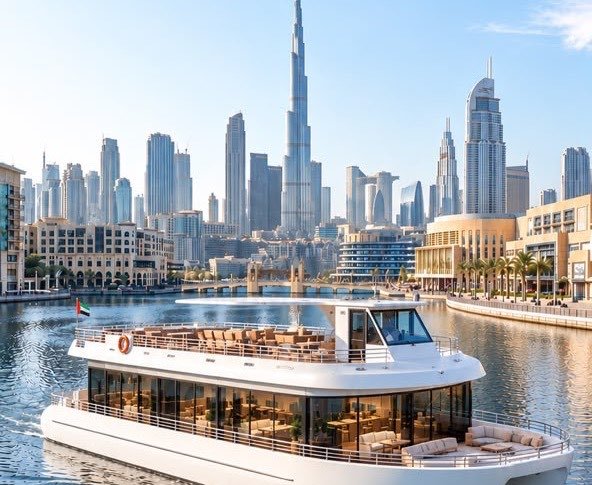 Luxury dinner yacht on the Dubai Water Canal with Burj Khalifa views